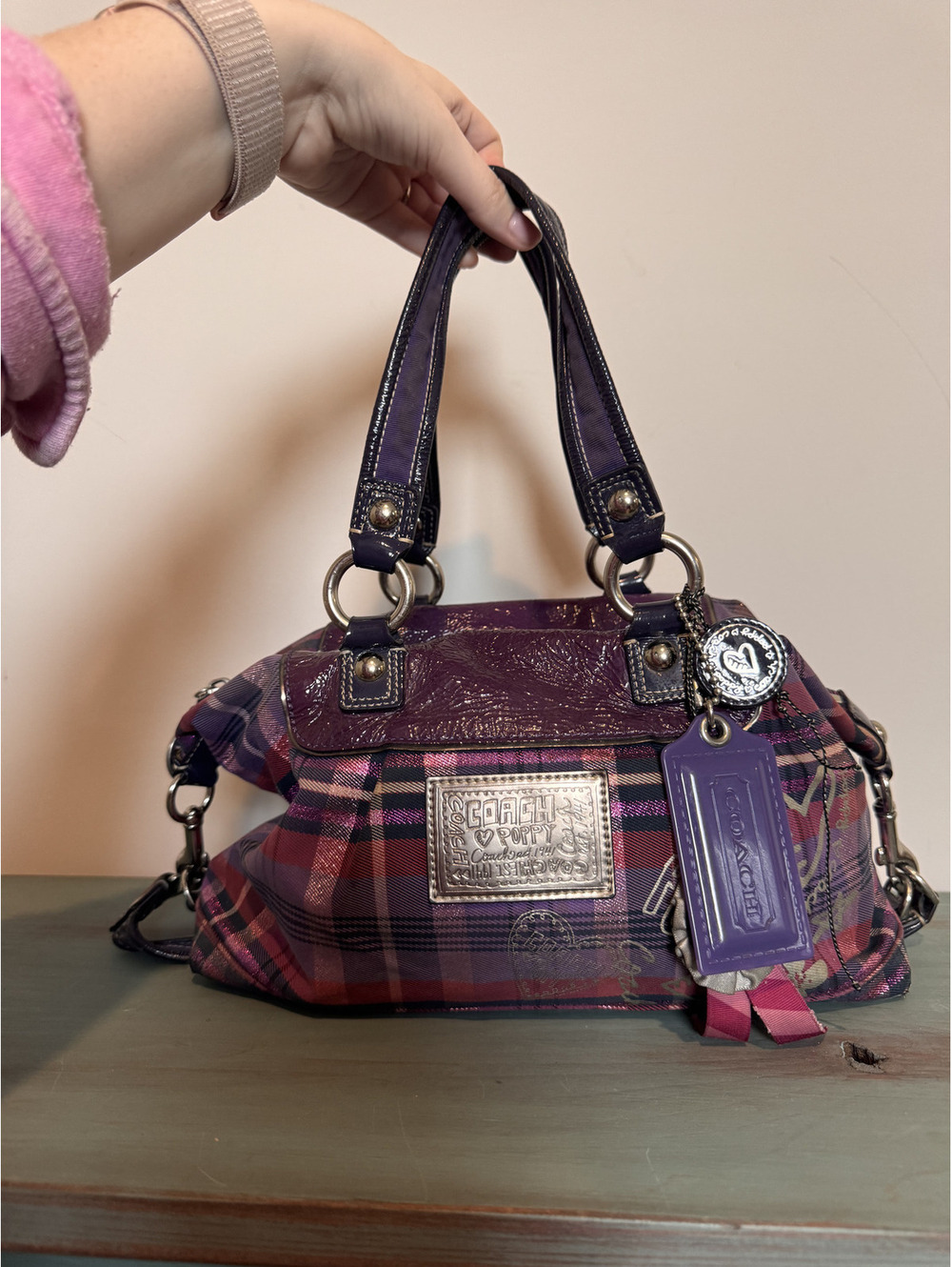RARE COACH Poppy Tartan Plaid Purple 2-Way Satchel with Multiple Charms